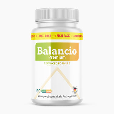 Weiße Kunststoffdose mit Aufdruck Balancio Premium, 90 Kapseln, Etikett mit grün-orangefarbenem Verlauf